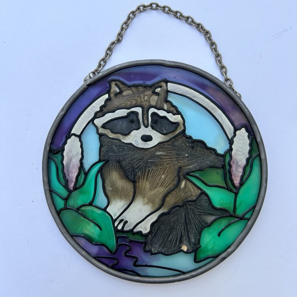 Vintage Raccoon Stained Glass Suncatcher Nature 3.5” Outdoor Home Decor Hanging - Picture 3 of 7